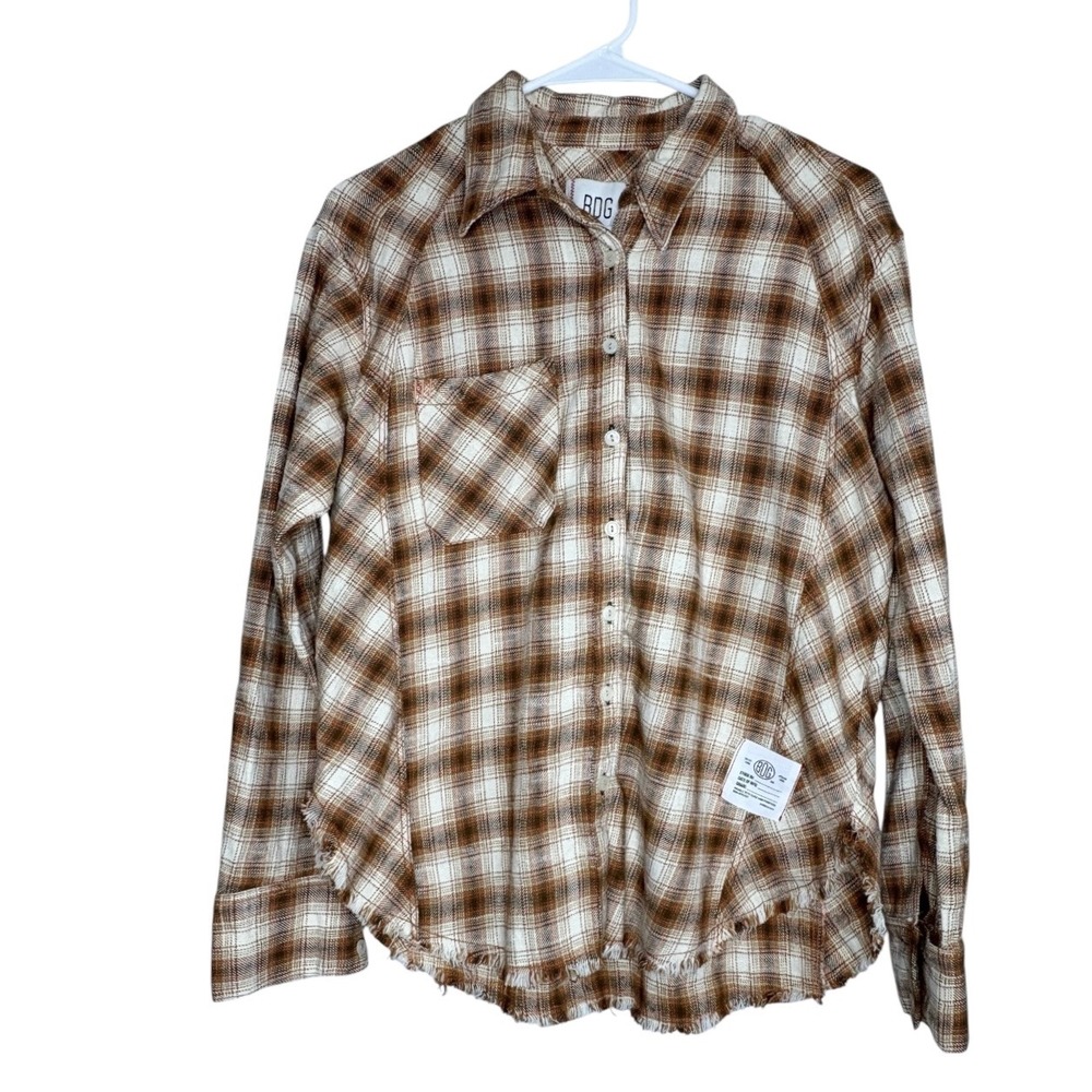 BDG Flannel Shirt Size Small Fall Brown Plaid Frayed Hem Button Down Urban Out.